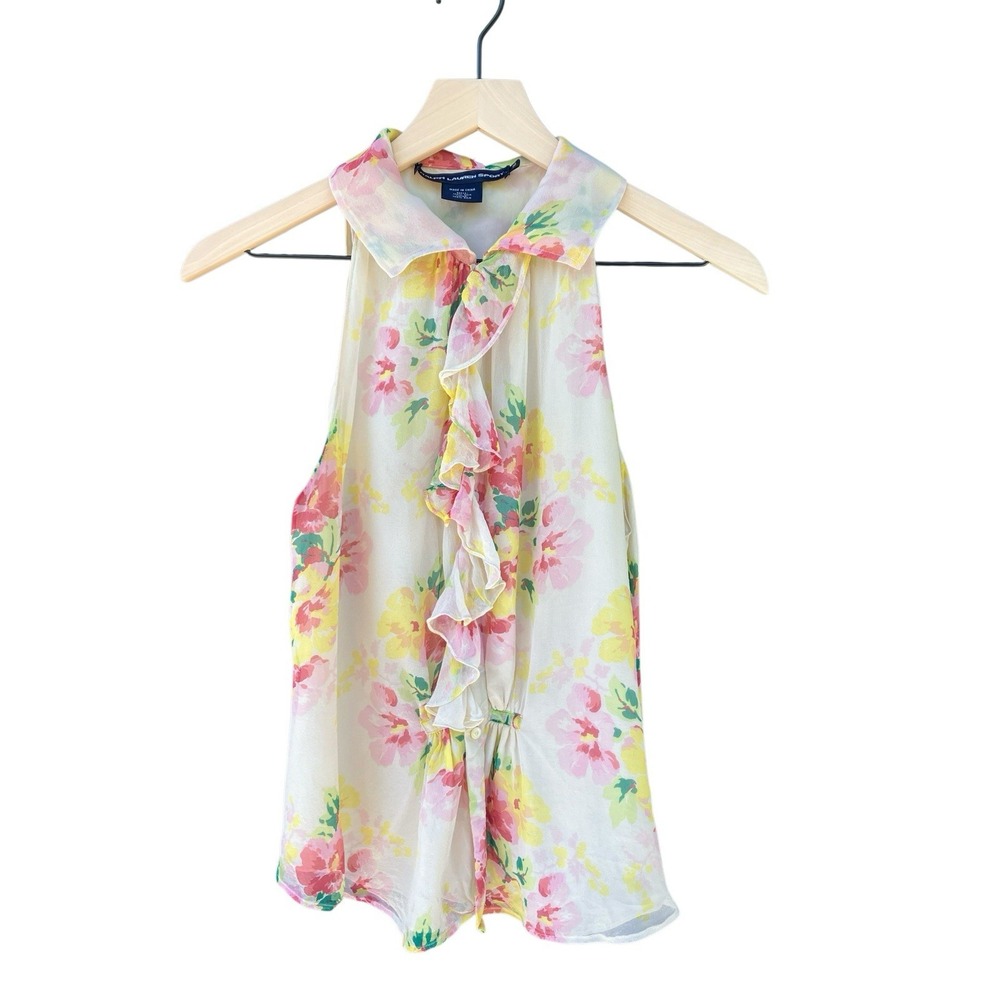 Ralph Lauren Sport Silk Floral Ruffle Top Size 10 Y2K Cottagecore Garden Party